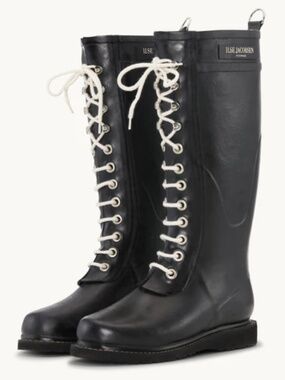 Ilse Jacobsen Black Lace-Up Waterproof Rubber Waterproof Knee High Boots